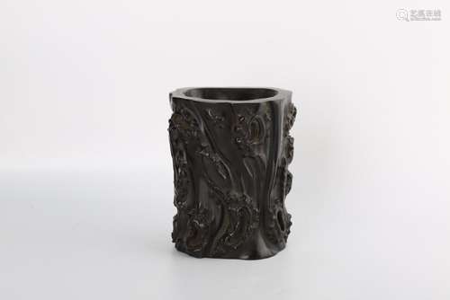 A CARVED ZITAN BRUSHPOT.BITONG. ANTIQUE