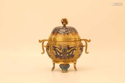 A GILT-BRONZE CLOISONNE ENAMEL TRIPOD CENSER AND