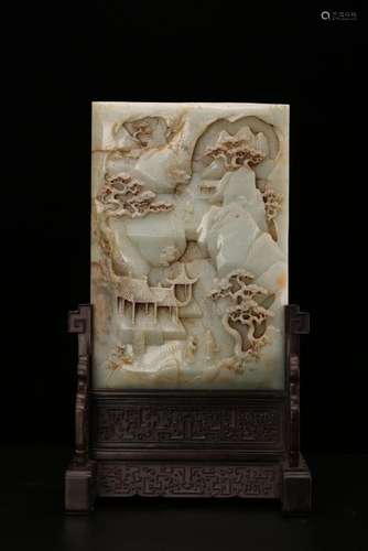 A CARVED WHITE JADE 'LANDSCAPE' TABLE SCREEN.ANTIQUE