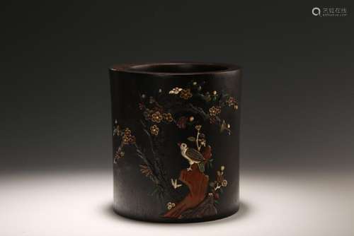 A CARVED ZITAN GEM AND STONE INLAID BRUSHPOT.BITONG