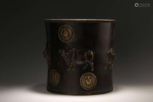 A BRONZE INLAID ZITAN BRUSHPOT.BITONG.ANTIQUE