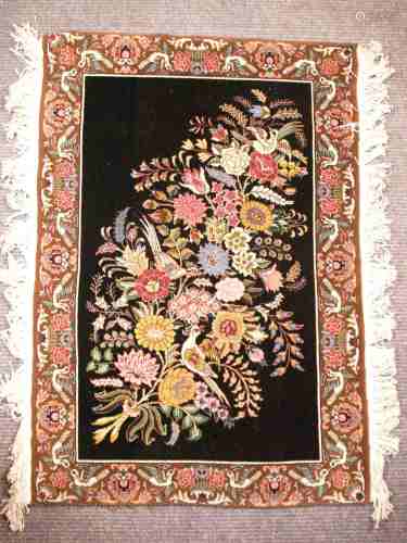 Orientteppich - Wolle, Blumenmotiv mit Vögeln auf schwarzem Grund, Abrasch, mehrfache Bordüre