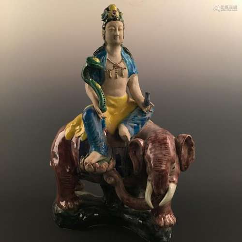 Chinese Wucai 'Buddha Riding on Elephant' Figure