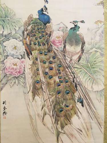 Chinese Hanging Scroll of 'Peacocks' Painting