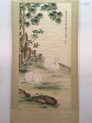 Chinese Hanging Scroll Of Flower And Rabbit With Cheng