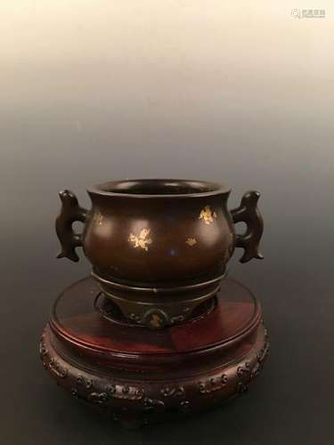 Chinese Gilt Dots Bronze Censor