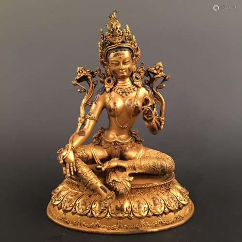 Chinese Gilt Bronze Tara Statue Inlaid Kallaite and