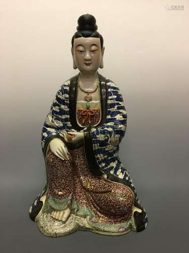 Chinese Famille Rose 'Guanyin' Statue, Cao Mingji Mark