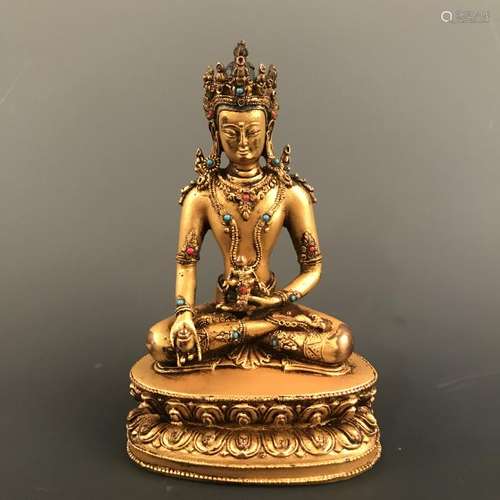 Chinese Gilt Bronze Buddha Figure Inlaid Kallaite and