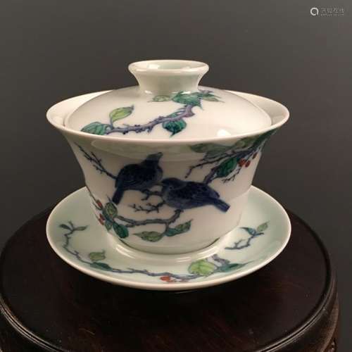 Chinese Doucai 'Bird' Tea Cup, a Cover, and a Plate,