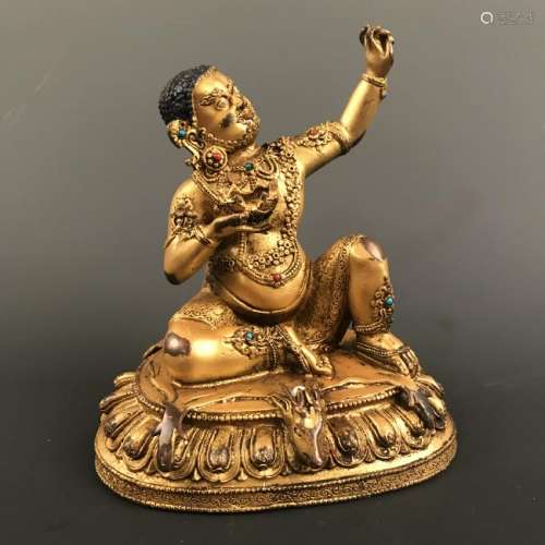 Chinese Gilt Bronze Buddha Figure Inlaid Kallaite and
