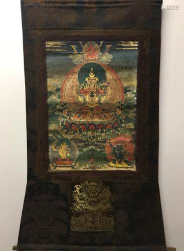 Chinese Hanging Scroll Tibetan Thangka of Buddha and 5