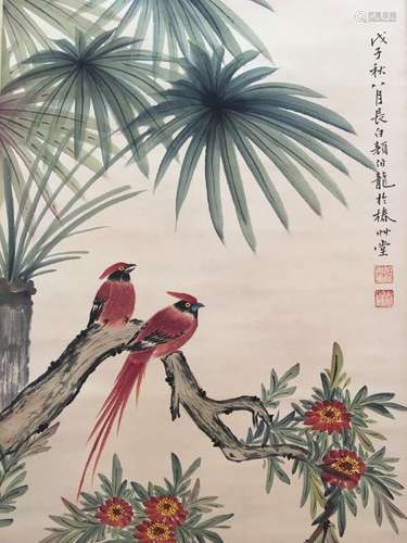 Chinese Hanging Scroll Of Flower And Bird With Yan Bo