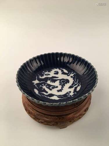 Chinese Blue & White Dragon Dish With Xuan De Mark