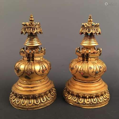Pair of Gilt Bronze Chinese Buddhism Stupa Inlaid Gemst