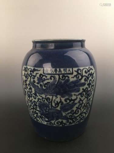 Chinese Blue Glazed Phoenix Decorated Porcelain Jar