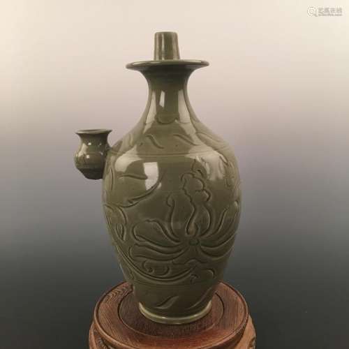 Chinese Celadon Porcelain Bottle With Carved Flower