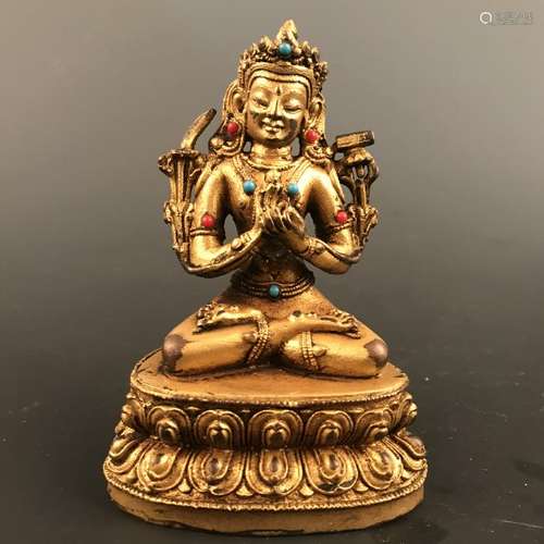 Chinese Gilt Bronze Buddha Figure Inlaid Gemstones