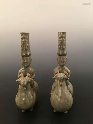 Pair of Yue Ware Porcelain Riding Figure Candle Holder