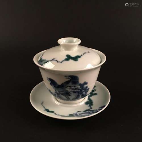 Chinese Blue-White 'Birds' Bowl, Cover and 'Landscape'