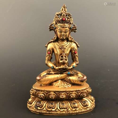 Chinese Gilt Bronze Buddha Figure Inlaid Gemstones