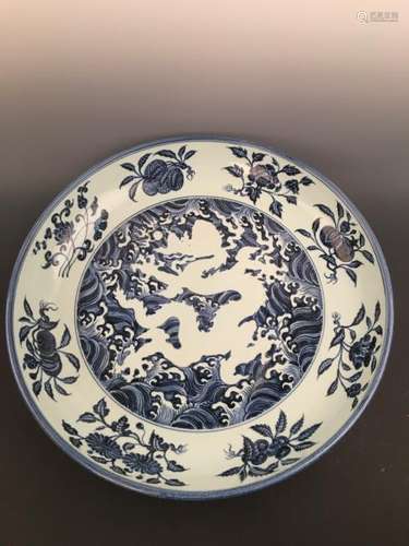 Chinese Blue &White Of Dragon Decorated Porcelain Plate