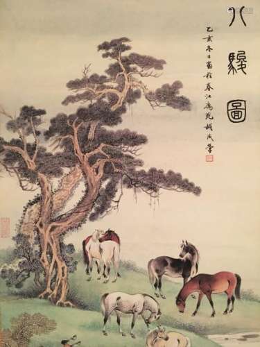 Chinese Hanging Scroll of 'Eight Horses', Hu Chengrong