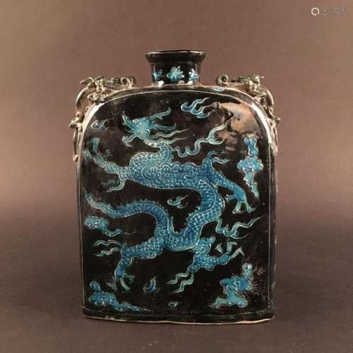 Chinese Fahua Ci 'Dragon' Flat Square Vase