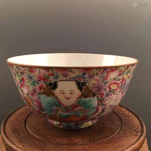Chinese Famille Rose 'Kid' Bowl, Qianlong Mark