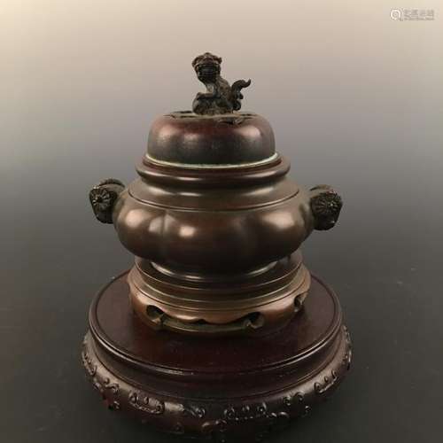 Chinese Brass Incense Burner With Foodog Knob