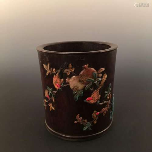 A Chinese Redwood Brushpot Inlaid With Mother of Pearl