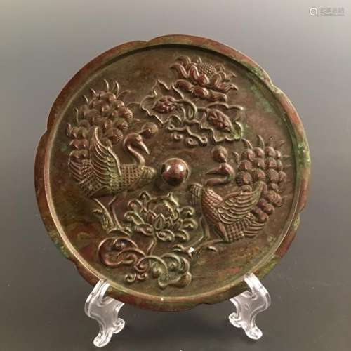 Chinese Bronze 'Mandarin Ducks' Mirror