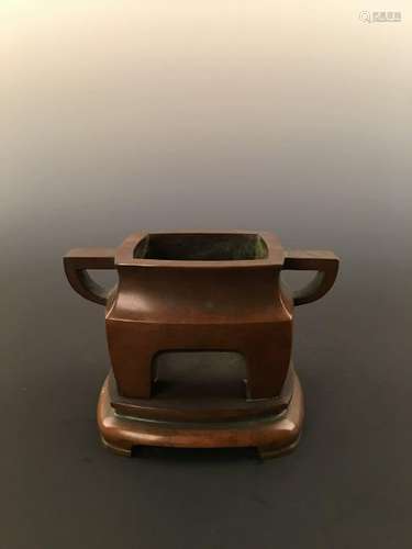 Chinese Square Brass Censer With Brass Base