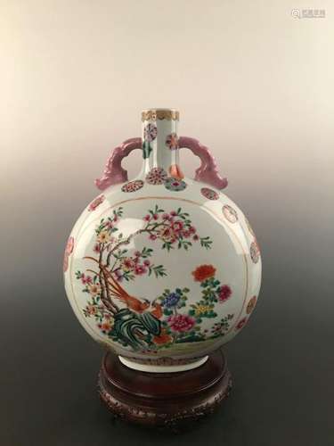 Chinese Enamel Flower&Bird Moon Flask Vase With