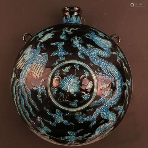 Chinese Fahua Ci 'Dragon & Phoenix' Round Flat Vase