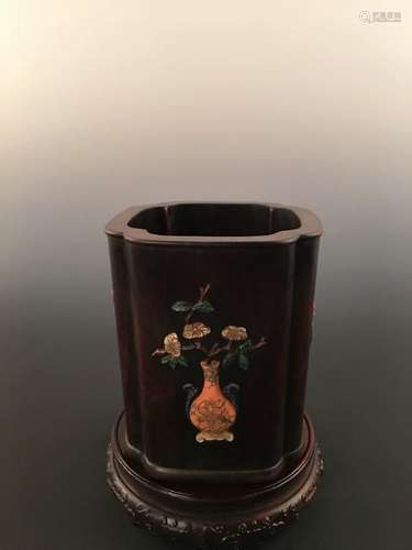 Chinese Redwood Square Brushpot Inlaid With Mother of