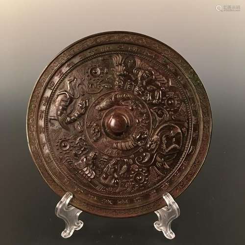 Chinese Bronze Mirror Decorated With Figure And Beast