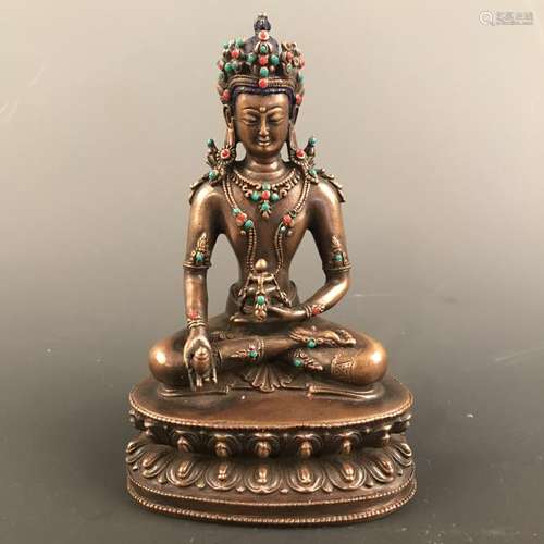 Chinese Bronze Amitayus Figure inlaid Gemstones