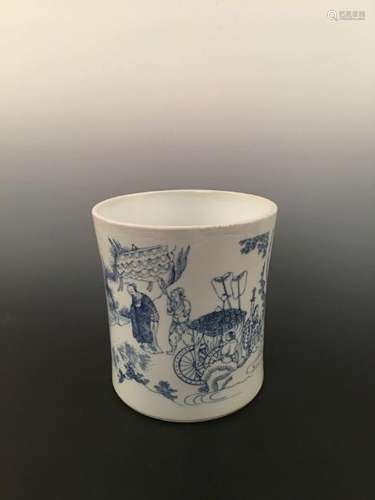 Chinese Blue& White Brushpot With Figures