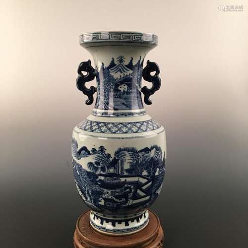 Chinese Blue&White Of Landscape Porcelain Vase With