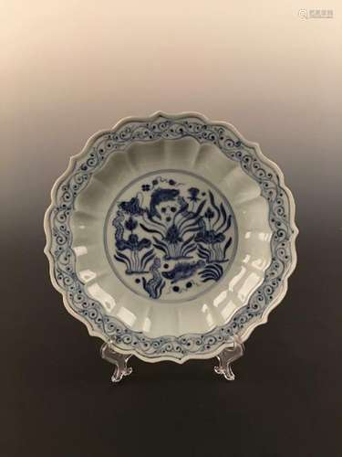 Chinese Blue Glazed Fish & Algae Pattern Decorated