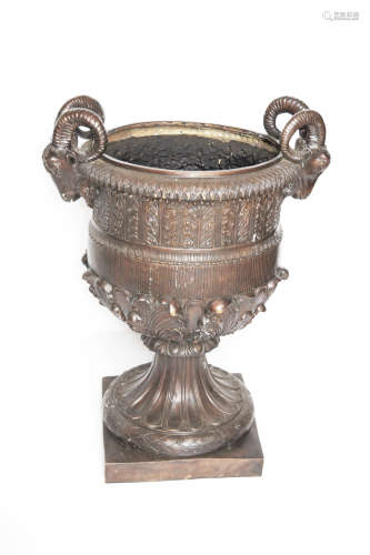 An Extra Large Finely Sculpted European Style Bronze Flower Pot with Goat Heads and Filigrees