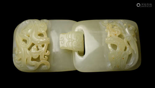 An Old Chinese Light Green Jade Belt Hook Carved with Tiger