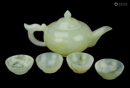 A Greenish White Jade Carved Tea Sets ( 1 Teapot x 4 Cups)