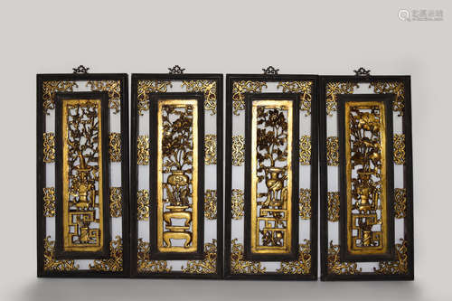 [Chinese] A Set of 4 Old Gilt Fragrant Camphor Wood Carved Hanging Panels