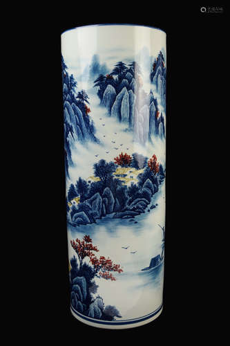 [Chinese] A Jingdezhen Blue and White with Crimson Porcelain Scroll Pot with Landscape