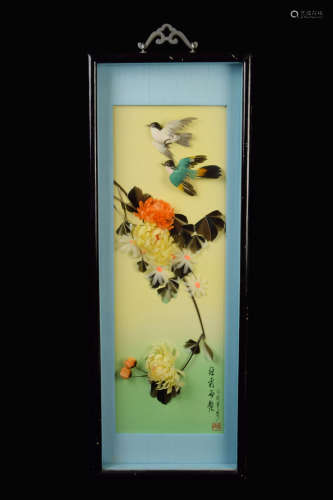 A Framed Feather Collaged Painting with Chrysanthemum and Birds