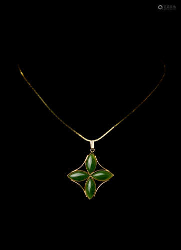 A Spinach Jade Four-Petal Flower Design Pendant Necklace