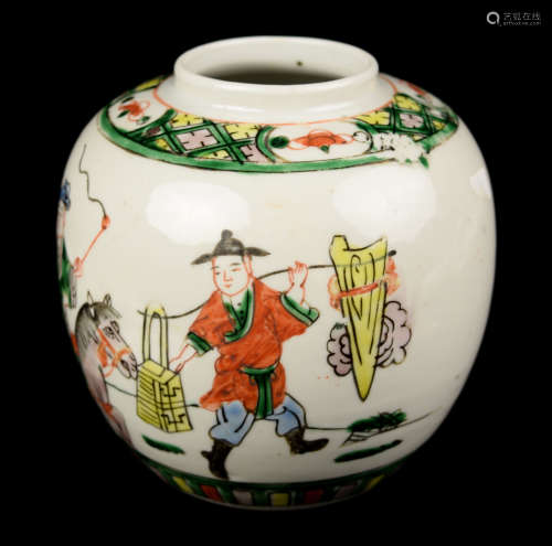 A Chinese Five Colour Porcelain Jar with Portrait of Story, marked as 
