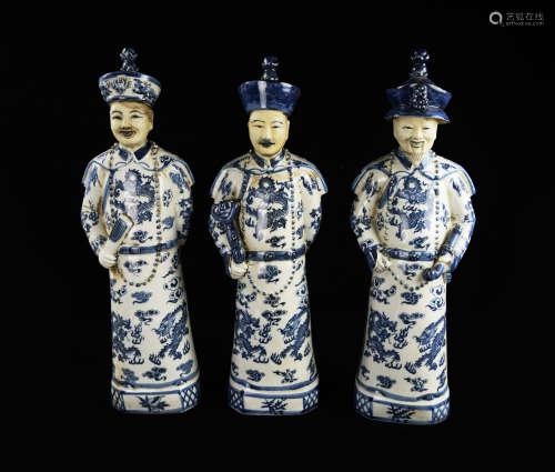 A Set of Blue and White Porcelain Figurines of Three Emperors of Qing Dynasty, marked as 